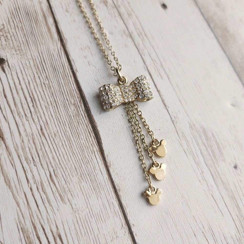 LIKE NEW Disney Gold Sparkley Rhinestone Bow Mickey Ears Pendant Necklace